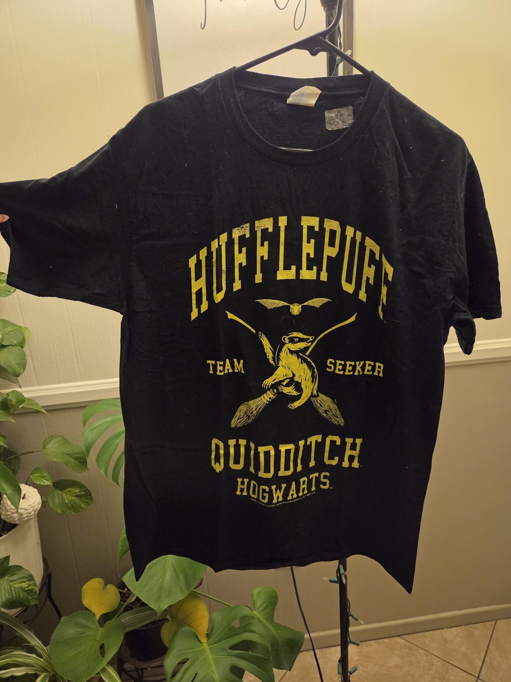 Port and Company Black Hufflepuff Quidditch Tee with Yellow Graphic